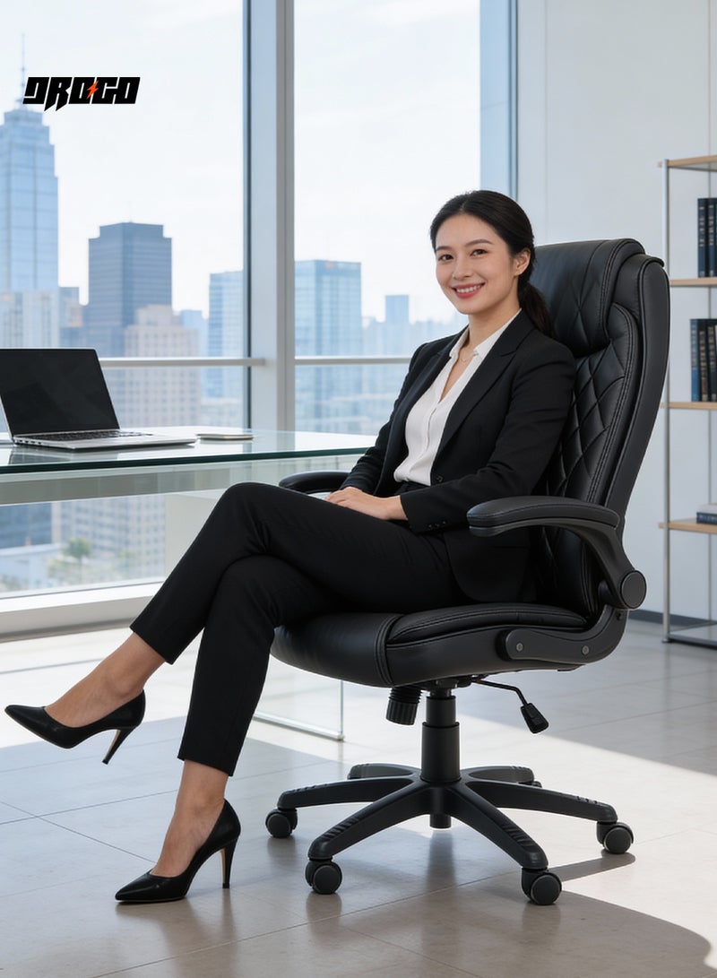 DROGO Ergonomic Premium Leatherette Office Chair for Work at Home, Computer Chair with Flip-Up Armrest, Height Adjustable Leather Seat, Cushioned Headrest, & Lumbar Support | Desk Chair with Multi Level Reclining Black - Image 2